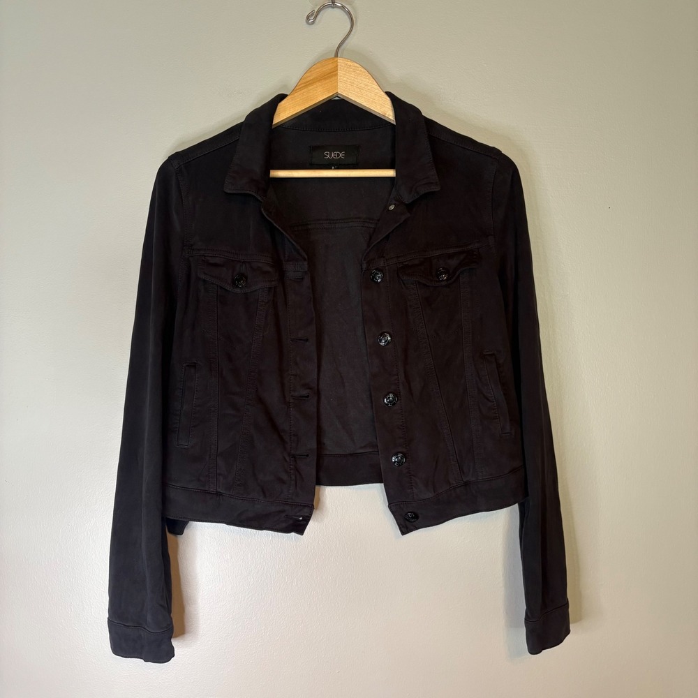 Suede Womens Black Faux Suede Trucker Jacket Button Front Cropped Size M